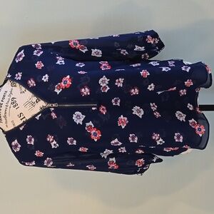 3/4 Length Flower Printed Blue Blouse